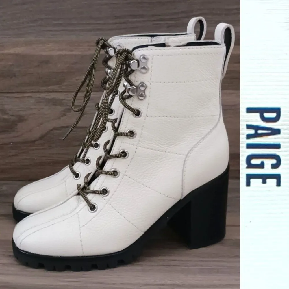 New PAIGE Christie Ivory Pebbled Leather Lace Up Combat Boot Block Heel Sz 6